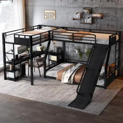 L-Shaped Triple Bunk Bed with Slide & Desk