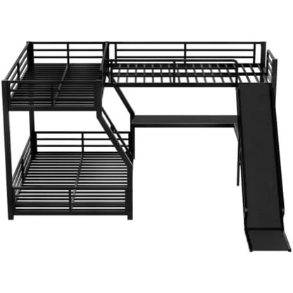L-Shaped Triple Bunk Bed with Slide & Desk