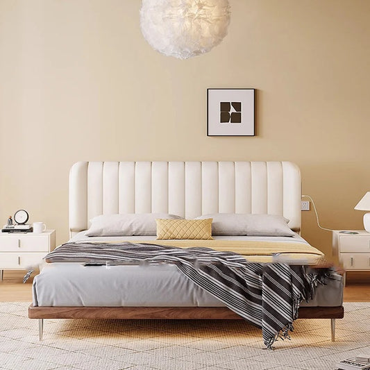 Modern White Platform Bed Frame with Charging Station