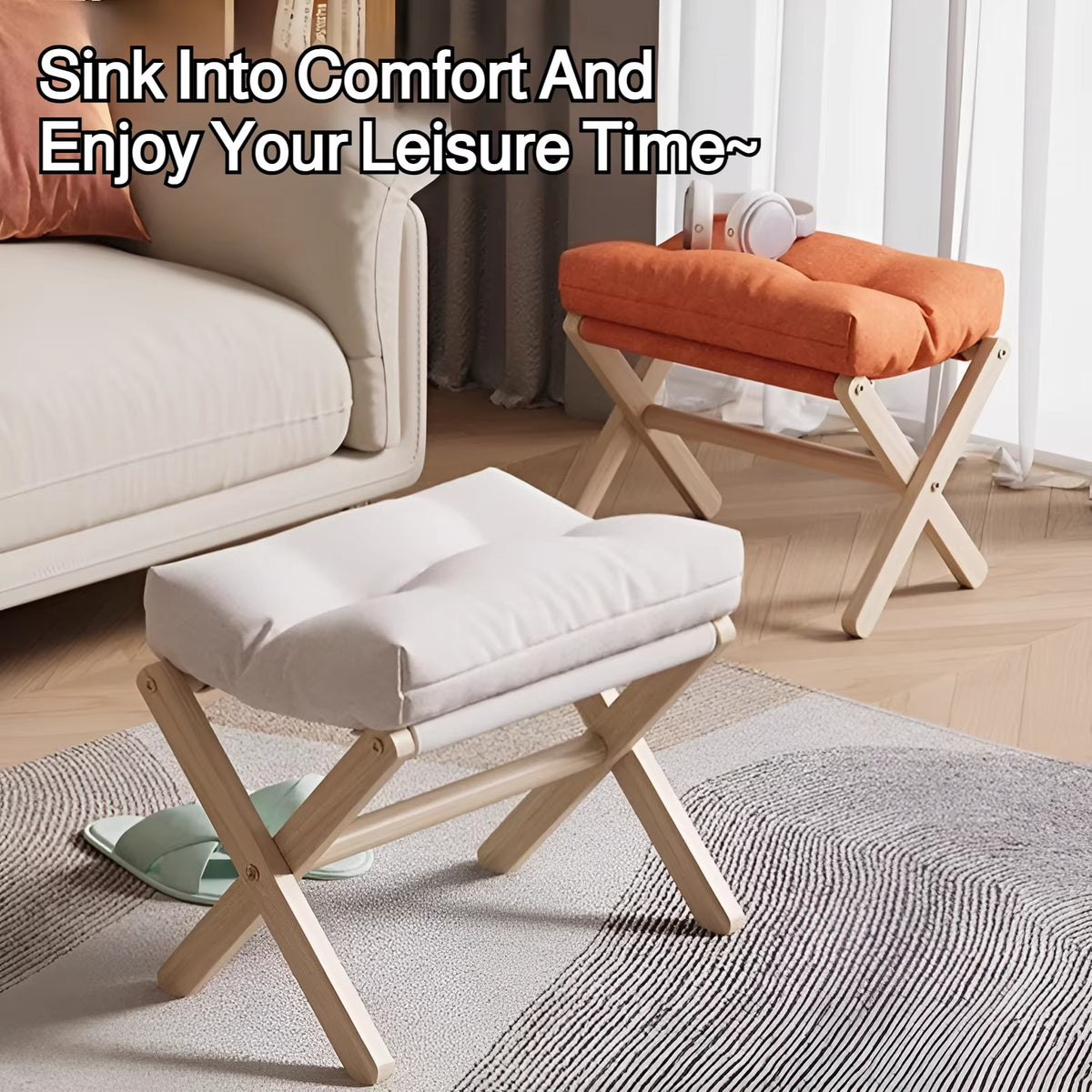 Solid Wood Shoe Changing Stool with Cushioned Seat – Folding Entryway Footstool