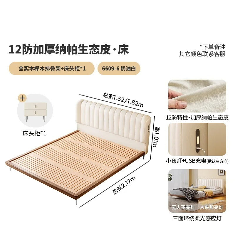 Modern White Platform Bed Frame with Charging Station