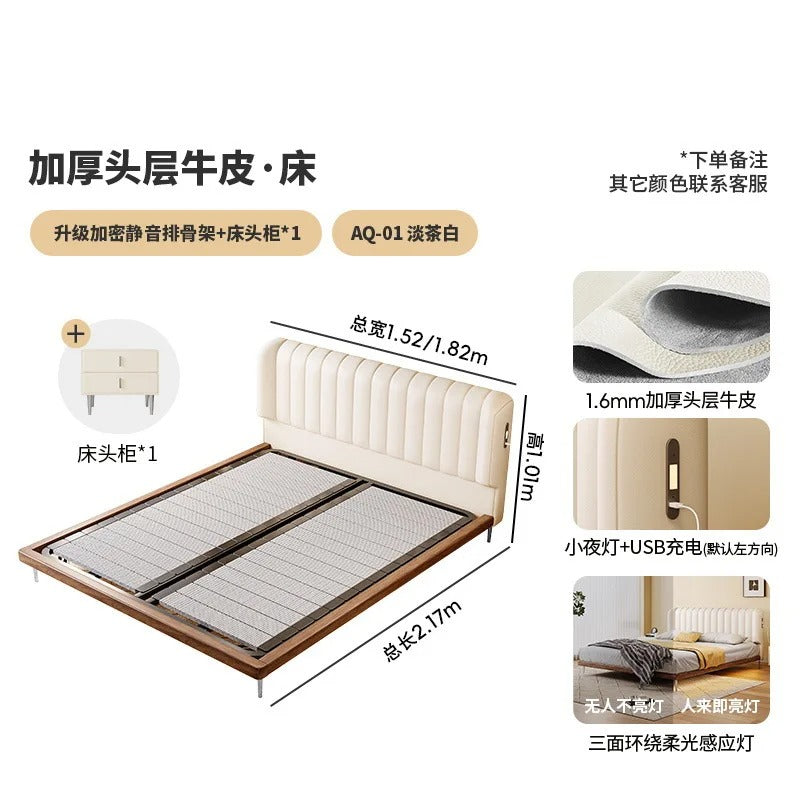 Modern White Platform Bed Frame with Charging Station