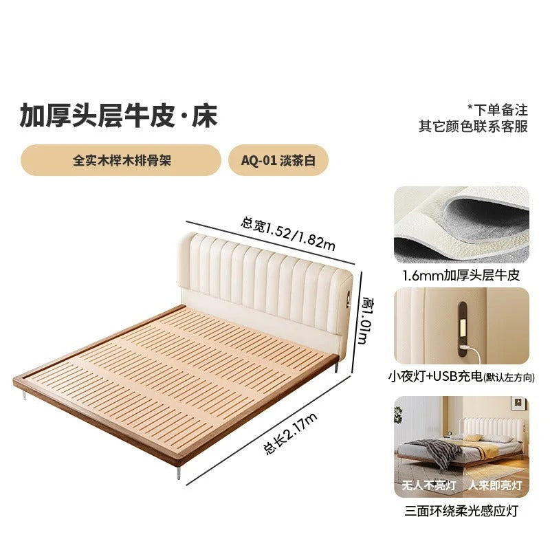 Modern White Platform Bed Frame with Charging Station
