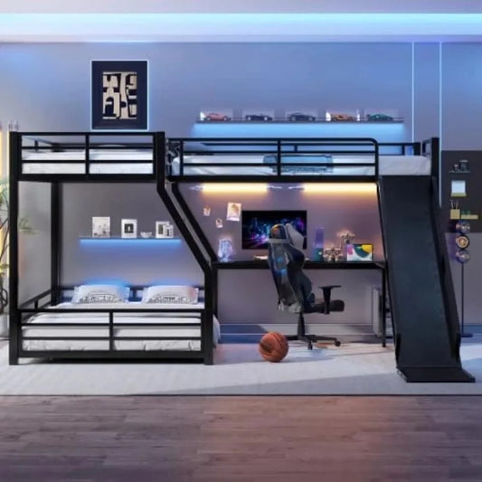 L-Shaped Triple Bunk Bed with Slide & Desk