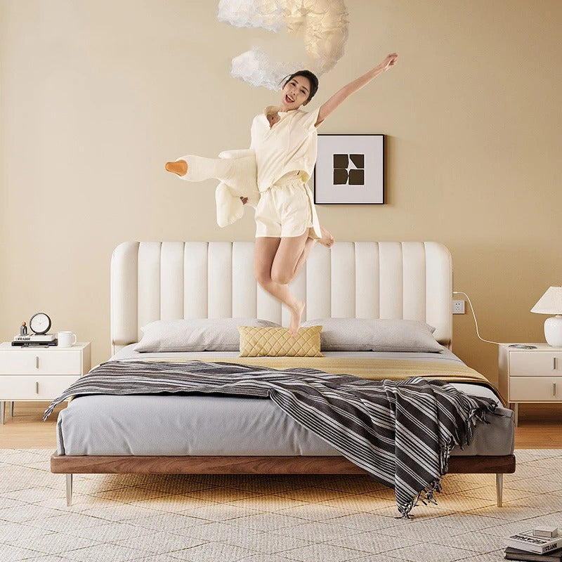 Modern White Platform Bed Frame with Charging Station