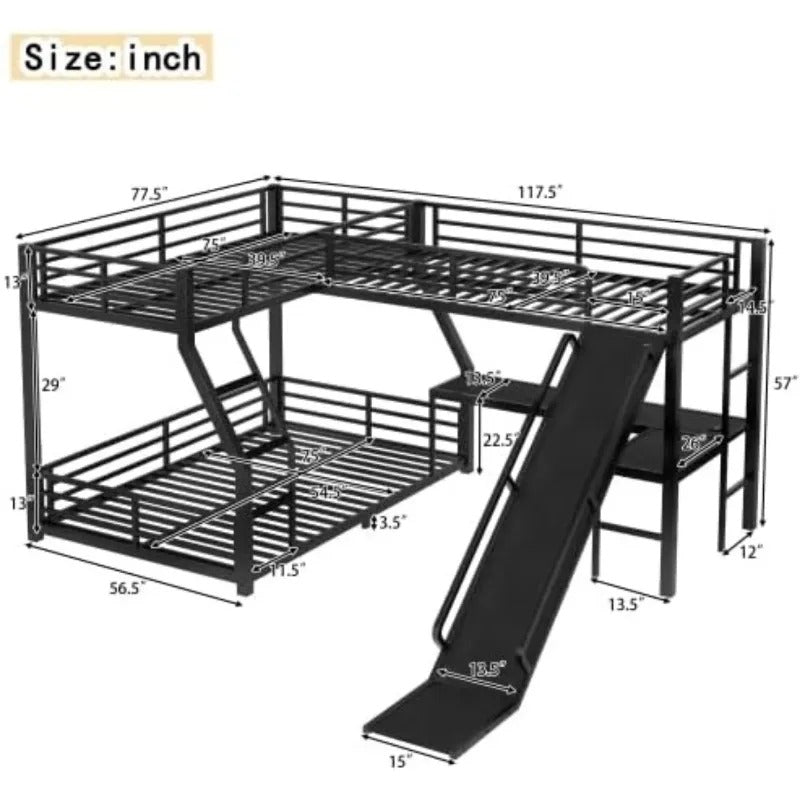 L-Shaped Triple Bunk Bed with Slide & Desk