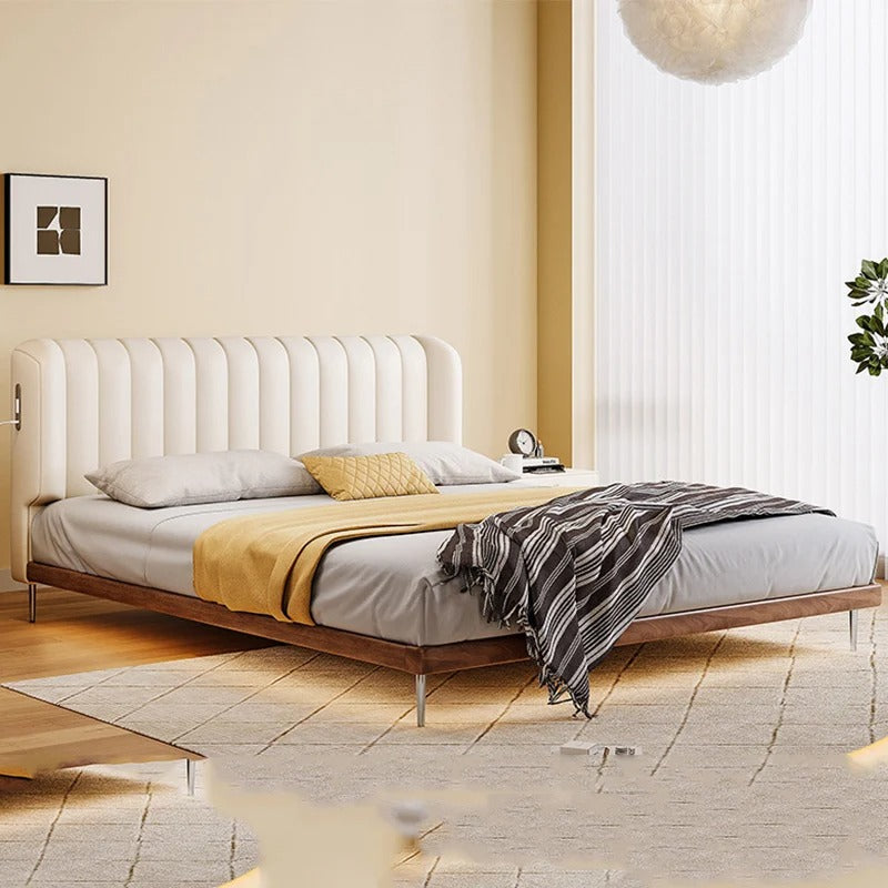 Modern White Platform Bed Frame with Charging Station