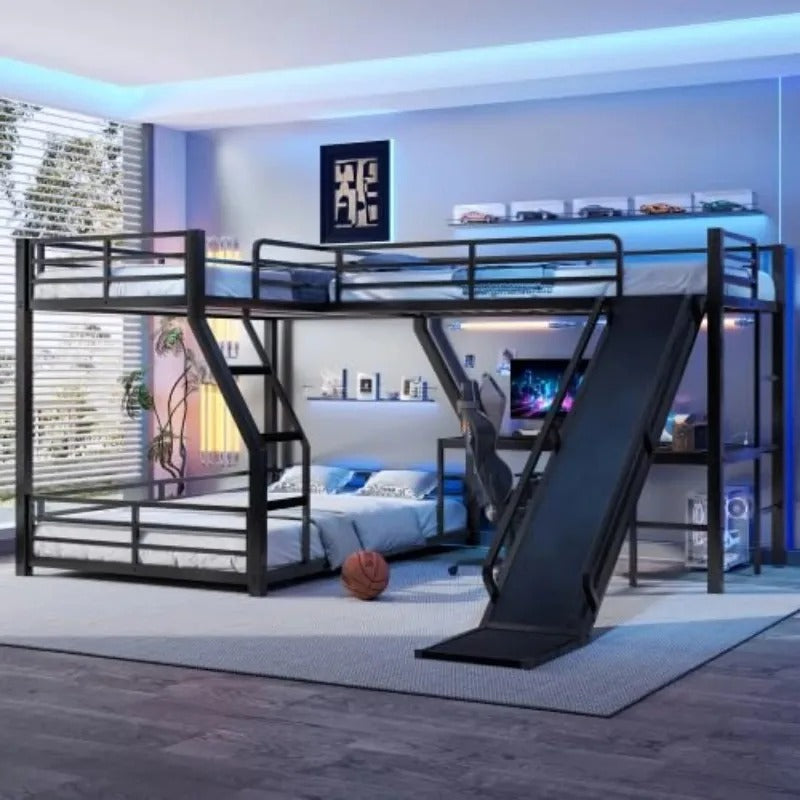 L-Shaped Triple Bunk Bed with Slide & Desk