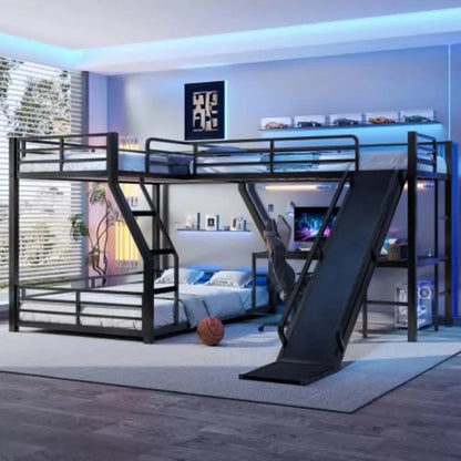 L-Shaped Triple Bunk Bed with Slide & Desk