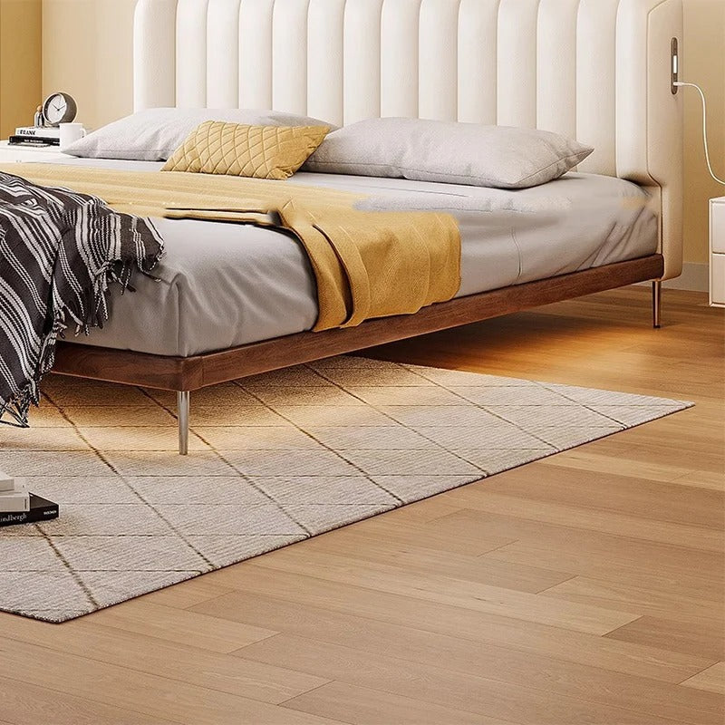Modern White Platform Bed Frame with Charging Station