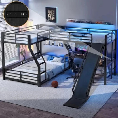 L-Shaped Triple Bunk Bed with Slide & Desk