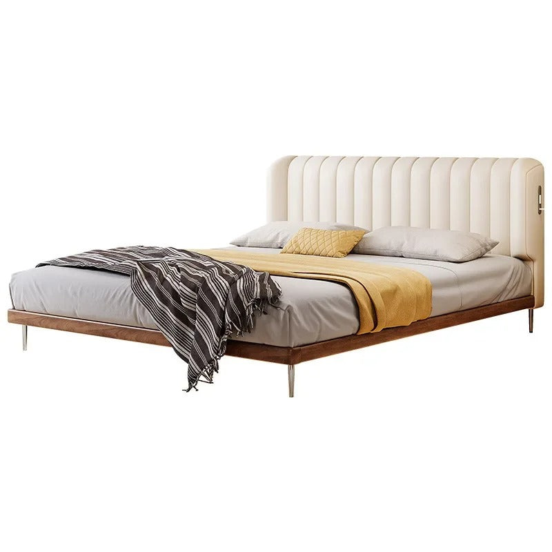 Modern White Platform Bed Frame with Charging Station