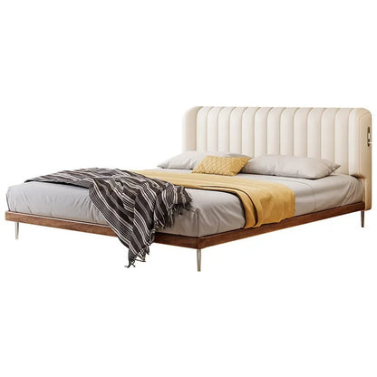 Modern White Platform Bed Frame with Charging Station