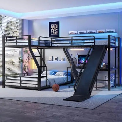 L-Shaped Triple Bunk Bed with Slide & Desk