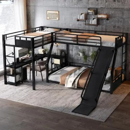 L-Shaped Triple Bunk Bed with Slide & Desk