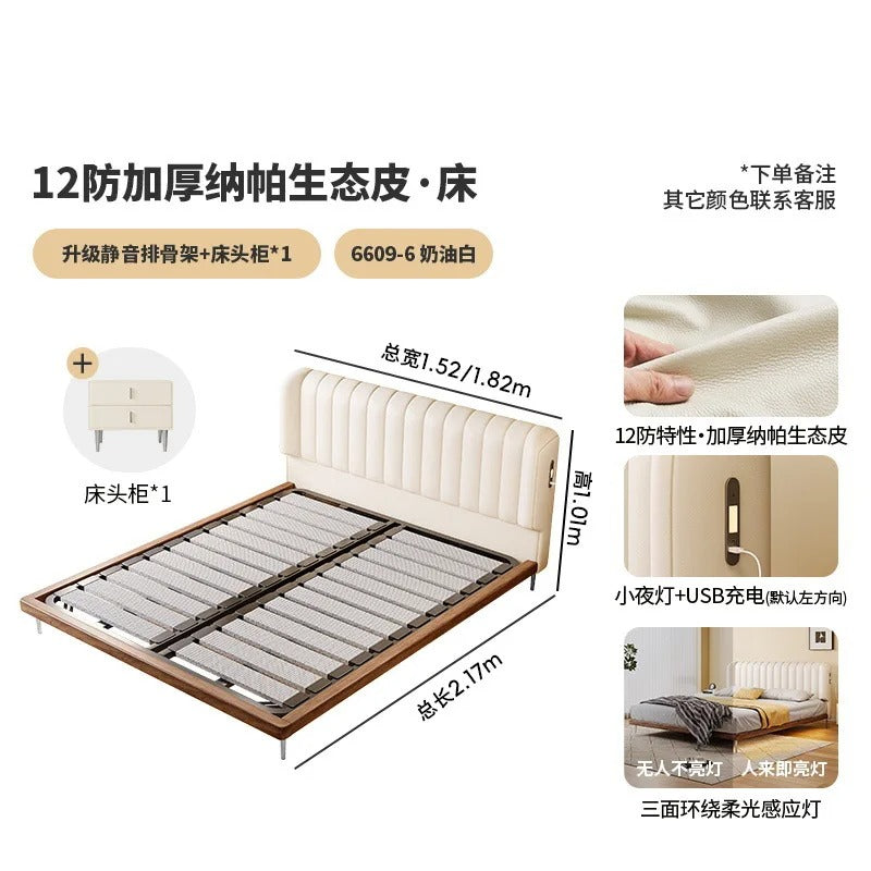 Modern White Platform Bed Frame with Charging Station