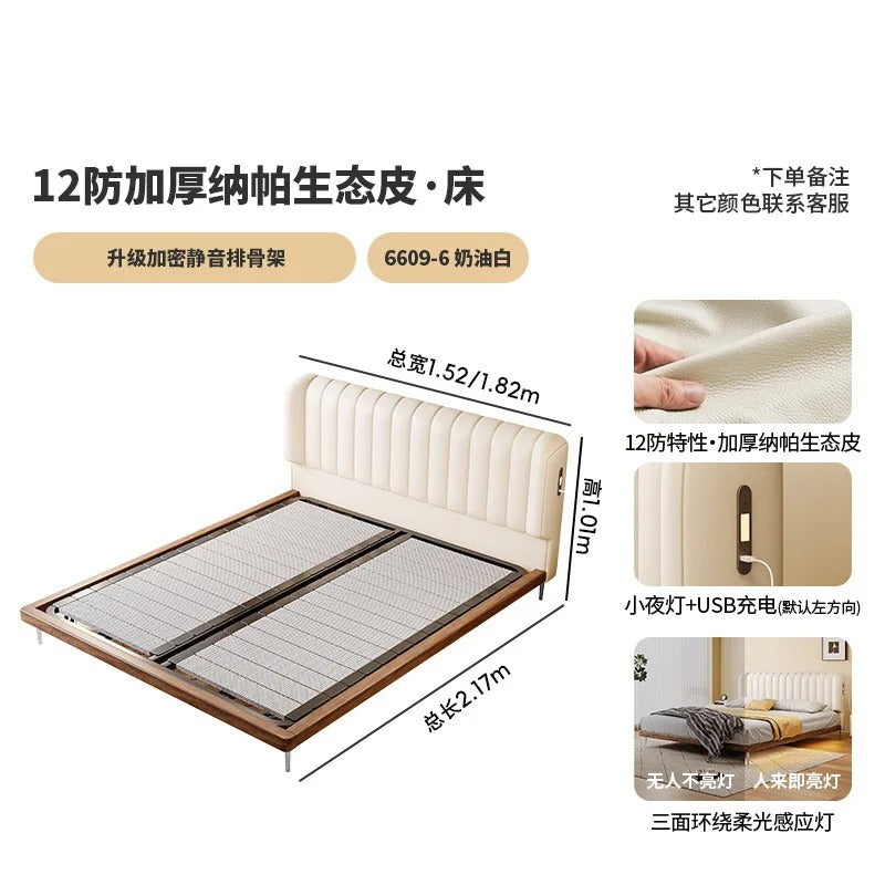 Modern White Platform Bed Frame with Charging Station